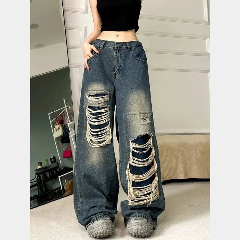 Territory Hole Women Jeans Y2K Autumn Fashion High Waist Hip Hop Loose Streetwear Wide Leg Trousers Korean Hip Hop Straight Denim Pants