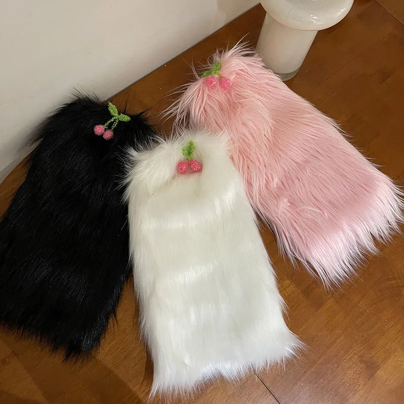 Territory Kawaii Fur Faux Leg Warmers Cherry Lolita Japanese Women Leggings Boots Covers Y2k Girls Harajuku Fur Foot Warming New Year Gift