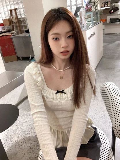 Territory Coquette Korean Style White T-shirts Women Fairycore Cute Ruffles Long Sleeve Tees Y2k Sweet Slim Corset Tops Autumn