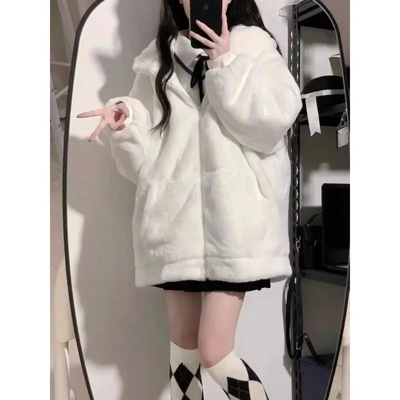 Territory  Women Zip Hoodie Thicken Fuzzy Fleece Sweatshirts Harajuku Bear Ear Oversize White Coats Cute Soft Winter Outerwear New