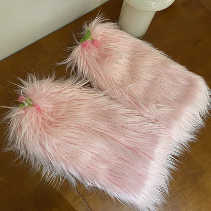 Territory Kawaii Fur Faux Leg Warmers Cherry Lolita Japanese Women Leggings Boots Covers Y2k Girls Harajuku Fur Foot Warming New Year Gift