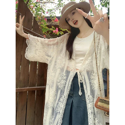 Territory Lace Embroidery Midi Shirts Women Vintage Long Sleeve Bandage Blouses Summer Vacation Beach Korean Sunscreen Cardigan Tops