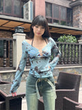 Territory American Style Blue Tie Dye Mesh Print T-shirts Sexy Slim Fit Hollow Out Tee Shirt Y2k Long Sleeve Sun Protection Tops Women