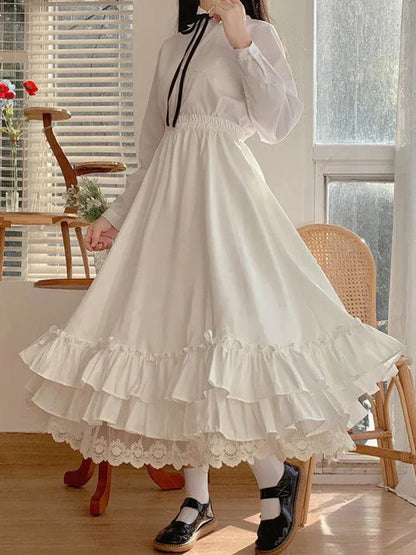 Territory Black Long Skirts Women Japanese Kawaii Preppy Style Lolita Skirt Female French Vintage Double Layer Lace Ruffled Pleated Skirts