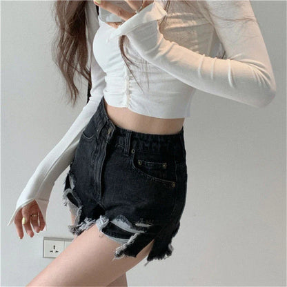 Territory Hole Denim Shorts Women Y2K Frayed Tassel Jean Shorts Summer Streetwear Korean High Waist Slit Slim Casual Hot Pants New