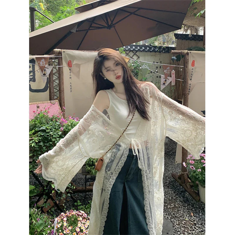 Territory Lace Embroidery Midi Shirts Women Vintage Long Sleeve Bandage Blouses Summer Vacation Beach Korean Sunscreen Cardigan Tops