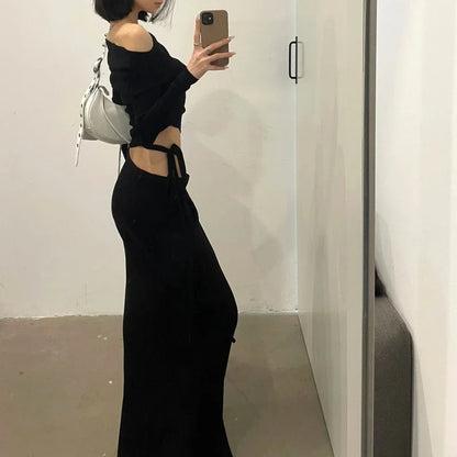 Territory 2024 Spring New Off-shoulder Pleated Sexy Slim Long-sleeved T-shirt Women + Asymmetric Lace-up Split Black Skirt Two-piece Suit