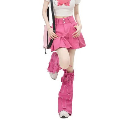 Territory Gothic Sweet Pink Vintage High Street Sexy Mini Skirt Y2k High Waist Slim Pleated Denim Jupe Leg Warmers Suit Streetwear Falda