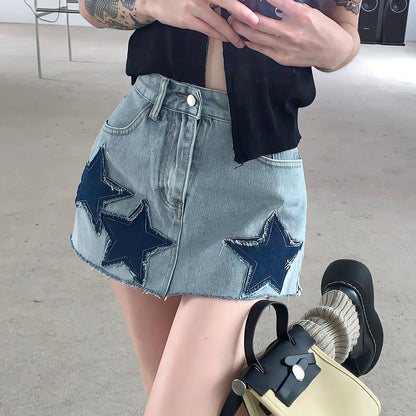 Territory New Embroidery Jean Short Skirt Summer Japanese Y2k With Belt Vintage Fashion Denim Irregular Stitching Star A-Line Skirts