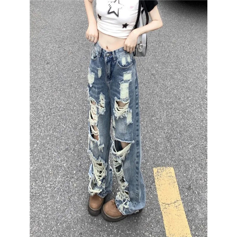 Territory Fashionable Women's Ripped Jeans, High Waist Slimming Wide Leg Denim Pants Female Casual Straight Shredded Jeans for Women 4XL