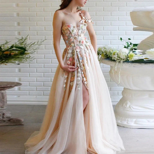 Territory Champagne Tulle Sleeveless Sweetheart 3D Flower Decal Beaded Pearl A-line Side Split Evening Dresses Annual  Prom Dresses