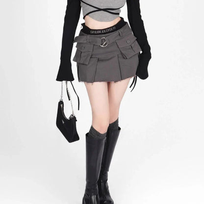 Territory Punk Gothic Y2k Clothes Fake Two Piece Pockets Patchwork Pleated Mini Skirts Harajuku Streetwear Summer Female Slim Women Skirt