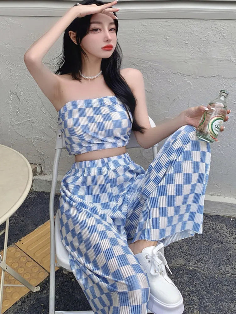 Territory New Summer Fashion Casual Plaid 2 Piece Set Women Strapless Crop Top + Wide Leg Pants Suits Female Sexy Outfits For Woman