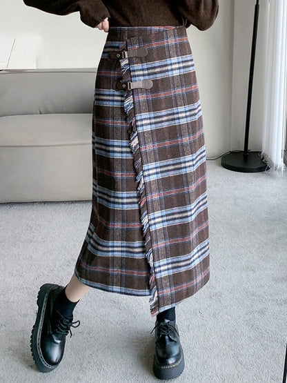 Territory French Vintage Long Skirts for Women Autumn Winter High Waist Plaid Raw Edge Irregular Skirt  Slim Fit Elegant Design Clothing