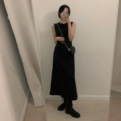 Territory Hollow Out Dress Women Elegant Solid Sleeveless A Line Midi Dresses Summer Korean Drawstring Backless Sundress Vestidos