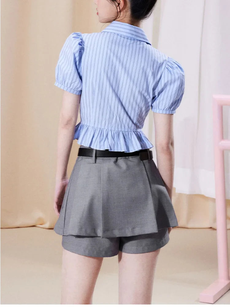 Territory Korean Fashion Mini Skirt Shorts Women Grey High Waist A-line Folds Preppy Style Short Skirt Summer School Uniform Girl