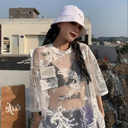 Territory Oversize Short Sleeve Loose Tops Women Summer Sexy Lace See Through Mesh T-shirts Y2k E-Girl O-neck Mid-length Blusas Mujer