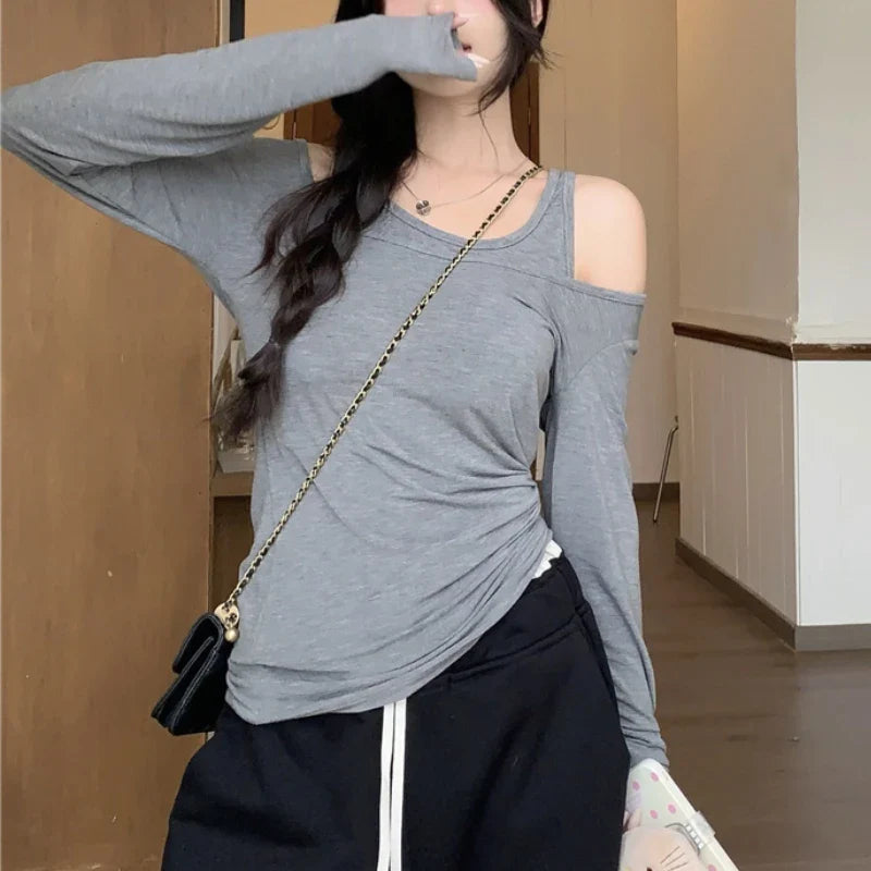 Territory Fake Two-piece Solid Color Casual Long-sleeved T-shirt Women 2024 Summer New Korean Strapless Sexy Slim All Match Tops