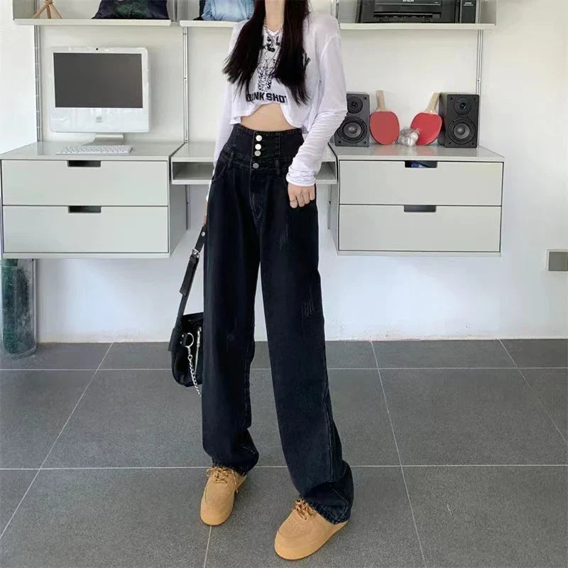 Territory High Waist Women Wide Leg Jeans Autumn Winter Black Gray Breasted Loose All Match Straight Trousers Y2K Streetwear Denim Pants