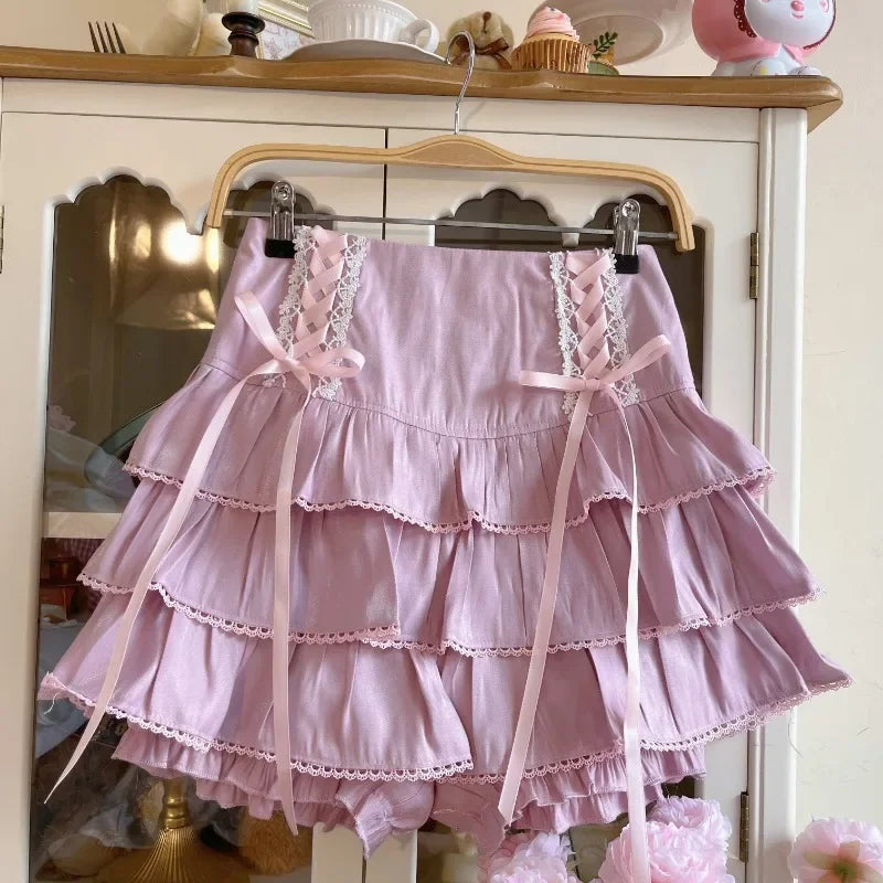 Territory 2024 Japanese Kawaii Lolita Style Pleated Skirts Women High Waist Pink Bandage Fairy Y2k Aesthetic Skirt Cute Faldas Mujer Moda