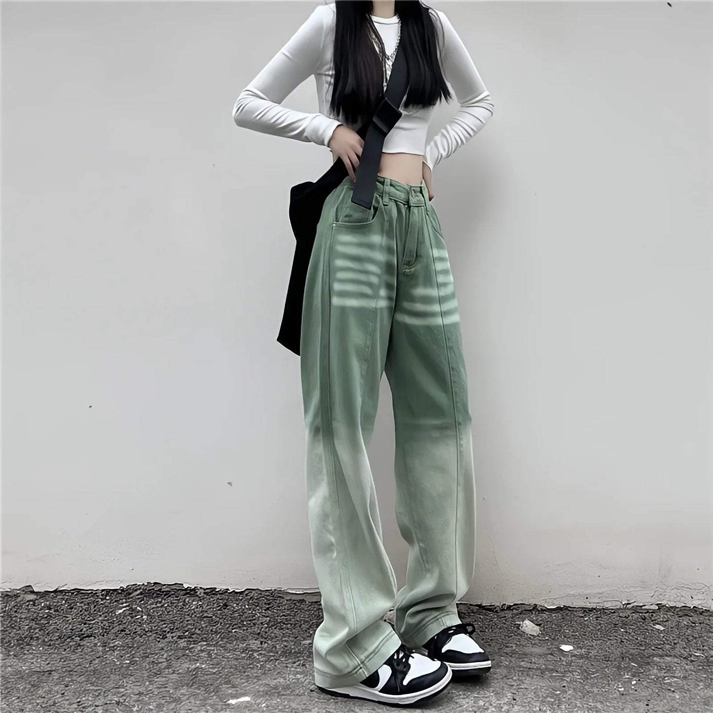 Territory Contrasting Green Pants High Waist Straight Wide Leg Baggy Jeans Harajuku Fashion Vintage Y2k Streetwear Women Casual Trousers