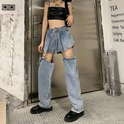 Territory Blue Jeans Women Korean Fashion Harajuku Y2k Streetwear High Waist Design Baggy Detachable Shorts Straight Wide Leg Black Pants