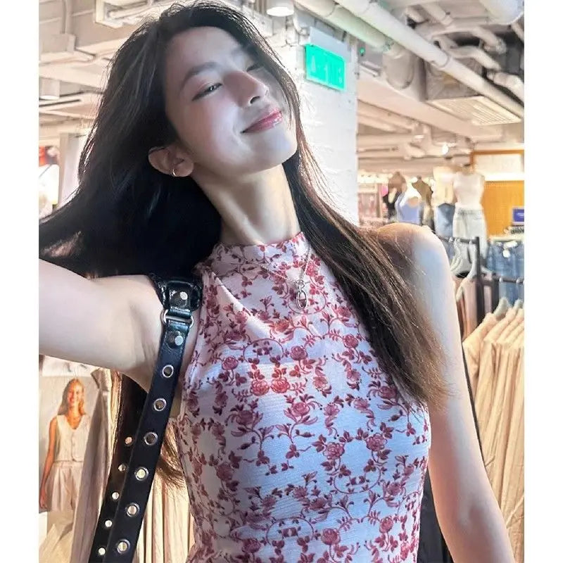 Territory Elegant Vintage Flower Print Halter Vest for Women Y2k E-Girl O-neck Slim Fit Tank Top Summer New Sleeveless Tops Mujer