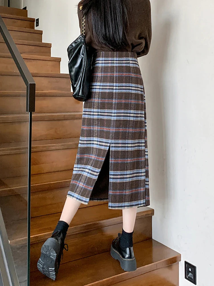 Territory French Vintage Long Skirts for Women Autumn Winter High Waist Plaid Raw Edge Irregular Skirt  Slim Fit Elegant Design Clothing