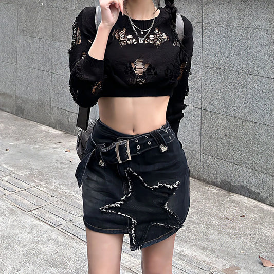 Territory Korean Fashion Irregular Star Denim Skirt Clothing Summer A-Line Hot Girl Y2k Vintage Streetwear Hip Hop Punk Short Mini Skirts