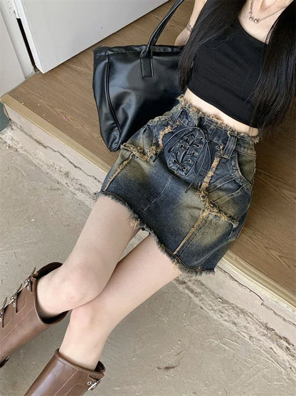 Territory American Vintage Denim Skirts for Women Bandage Raw Edge Pockets Design High Waist Mini Skirt Summer Y2k Gyaru 2024 New Clothing