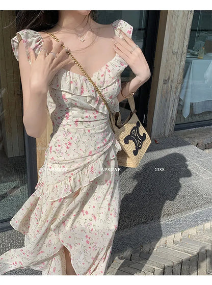 Territory 2024 Spring And Summer Sweet Flying Sleeve Floral Halter Dress Female Design Sense Holiday Wind Fairy Print Long Dress