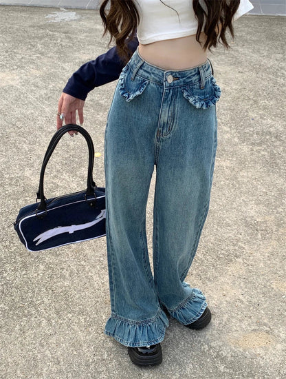 Territory Gothic High Waist Denim Pants Women Chic Ruffles Ruffle Hem Jeans Wide Leg   Female  Kawaii Y2K Straight Trousers