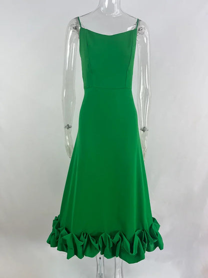 Territory 2024 Women Spaghetti Strap A-line Ruffles Pink Evening Dresses Elegant Sweet Sleeveless Backless Zip-up Green Party Prom Dress