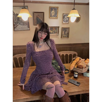 Territory Harajuku Gothic Black Lace Dress Women Vintage Y2k Sexy Purple Mini Dress Bodycon Elegant Party Dresses Korean Aesthetic