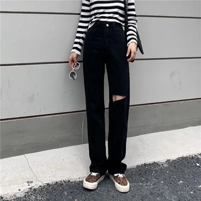 Territory Fashionable Women's Ripped Jeans, High Waist Slimming Wide Leg Denim Pants Female Casual Straight Shredded Jeans for Women 4XL