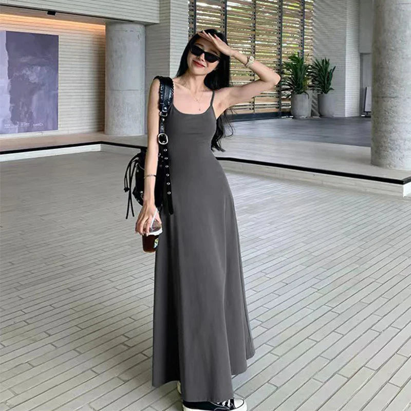 Territory Black Stap Long Dress Women Streetwear Sleeveless A Line Dresses Y2K Korean Slim Sundress Summer Elegant Casual Vestidos