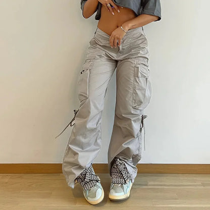 Territory Harajuku Solid Drawstring Cargo Pants Female Streetwear Tech Pockets Draped Baggy Trousers Hip Hop Sweatpants Outfits