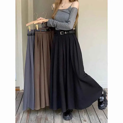 Territory Elegant Belt Ankle Length Skirts Women Autumn Korean High Waist Solid A Line Skirts Fashion Chic All Match Pleated Long Skirts