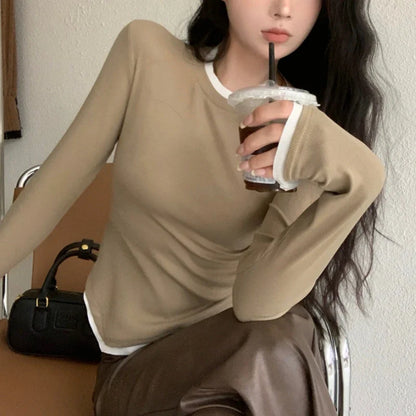 Territory O-neck Sexy Slim Asymmetric Long-sleeved T-shirt Women Autumn New Streetwear Contrast Color Patchwork Casual Tops