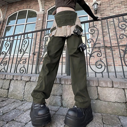 Territory Green Cargo Pants Women Summer Fashion High Waist Overalls Punk Streetwear Y2k Vintage Splicing Loose Casual Straight Trousers