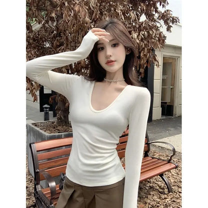 Territory Korean Fashion Solid T Shirts Women Harajuku Vintage V-neck Long Sleeve Tees Female Sexy Slim Basic Tops Autumn Winter