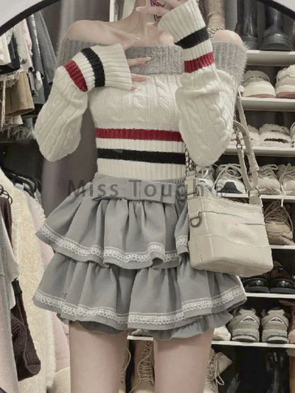 Territory Korean Fashion Knitted Two Piece Set Women Stripe Vintage Elegant Party Skirt Set Female Sweater Designer Pleated Suit