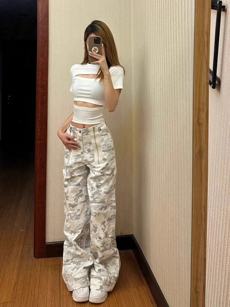 Territory American Retro Camouflage Cargo Pants Y2k E-Girl High Waist Straight Jeans for Women 2024 Sumemr New Loose Wide Leg