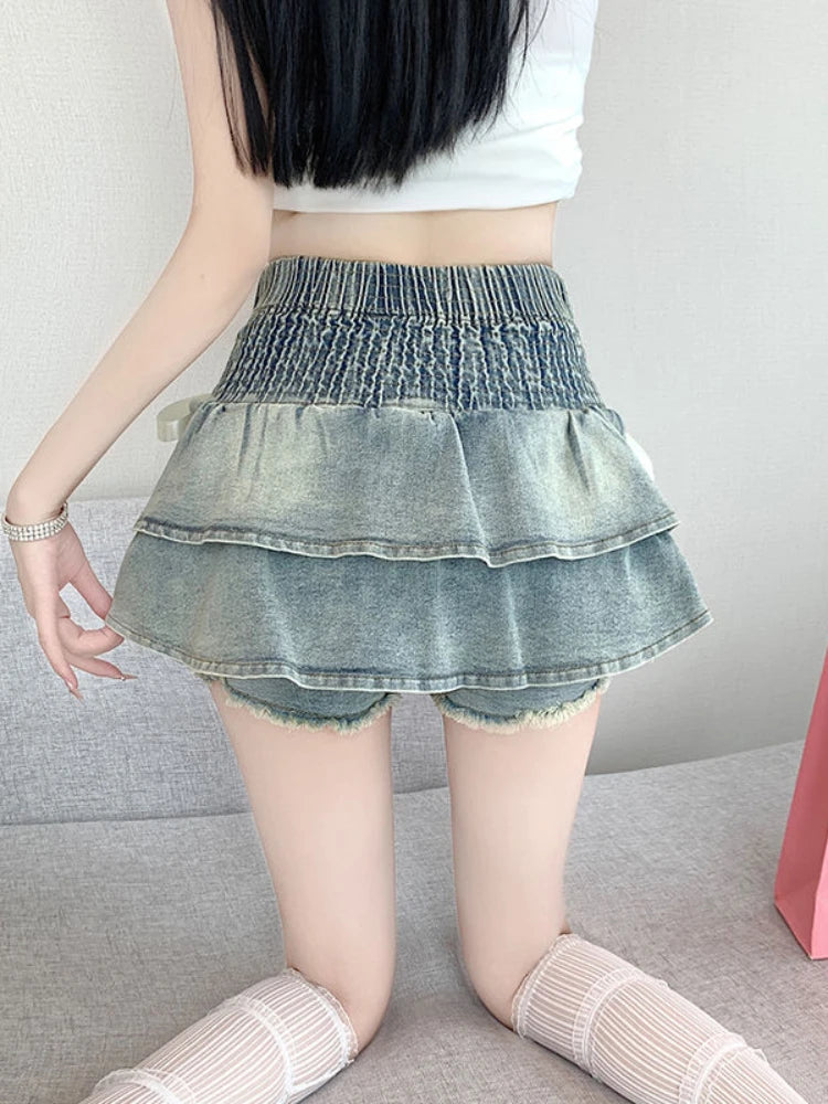 Territory American Gyaru Denim Skirts Bandage Ruffles Patchwork High Waist Summer Skirt Female Slim Y2k Harajuku Vintage Women's Clothing