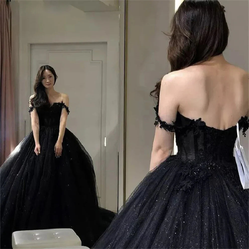 Territory Sexy Black Prom Dresses Sweetheart Off The Shoulder A-Line Tulle Lace Applique Backless Vestidos De Gala Evening Gowns For Women