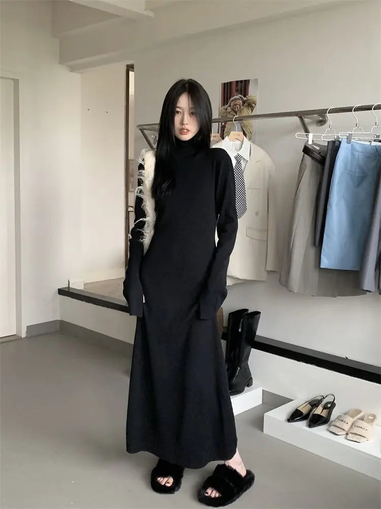 Territory Korean Style Knitted Dress Women Turtleneck Long Sleeve Maxi Dress Casual Elegant Black Bodycon Dress Female Winter