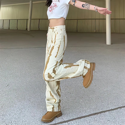 Territory Baggy Y2k  Jeans Women High Waist Straight Wide Leg Yellow Pants Streetwear Korean Fashion Harajuku Graffiti Tie Dye Trousers