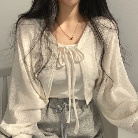 Territory Lace Up White Cardigan V Neck Knitwear Lantern Sleeve Women's Sweater Korean Fashion Spring Knit Oversize Wear To Work