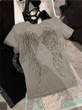 Territory Angel Wings Diamond O-neck White T-shirts 2024 Summer New Slim Fit Tops Women Y2k E-Girl Short Sleeve All-match Tee Shirt