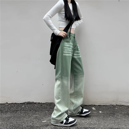 Territory Contrasting Green Pants High Waist Straight Wide Leg Baggy Jeans Harajuku Fashion Vintage Y2k Streetwear Women Casual Trousers